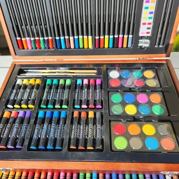 NEW LARGE Wood Box with Art Painting Drawing Supplies Set School Storage Box Org - Picture 3 of 16